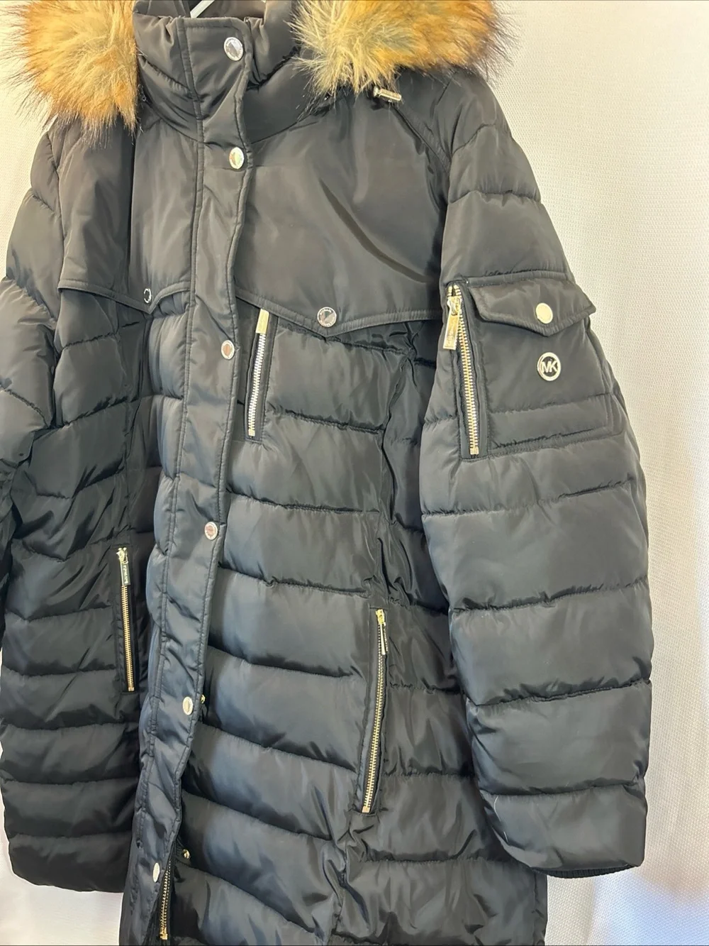 Michael Kors Black Long Puffer Coat with Faux-Fur Trim Hood